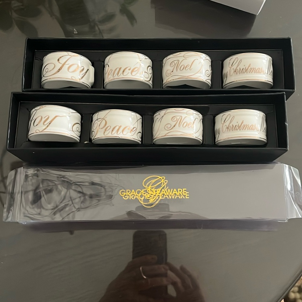 Lot of 8 ceramic Grace's Teaware napkin holders holiday Joy Peace gold trim